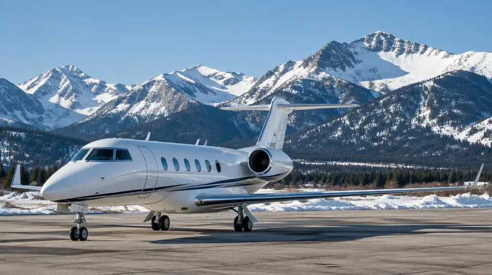 Jet privé sur le tarmac enneigé d'Aspen, montagnes en fond
