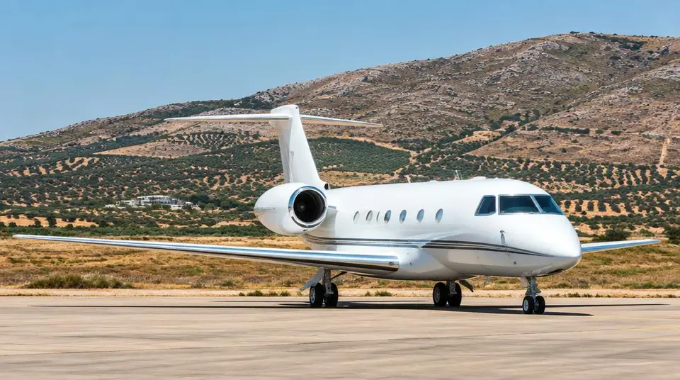 Jet privé sur un tarmac égéen, collines sèches au loin