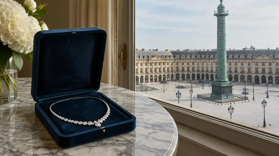 Écrin de bijoux sur une table face à une place parisienne