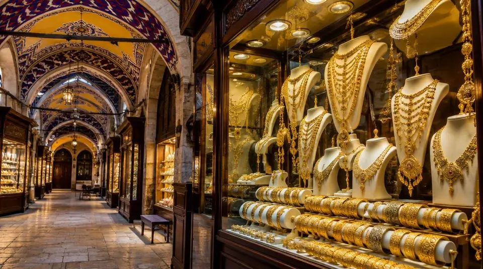 Bijoux en or dans une vitrine d'un bazar couvert