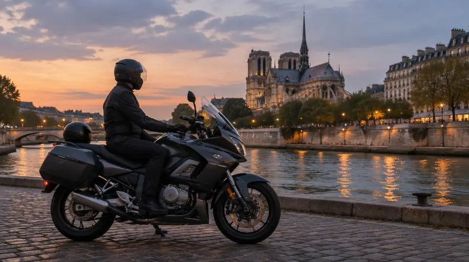 Moto avec chauffeur sur un quai de Seine à Paris, au crépuscule