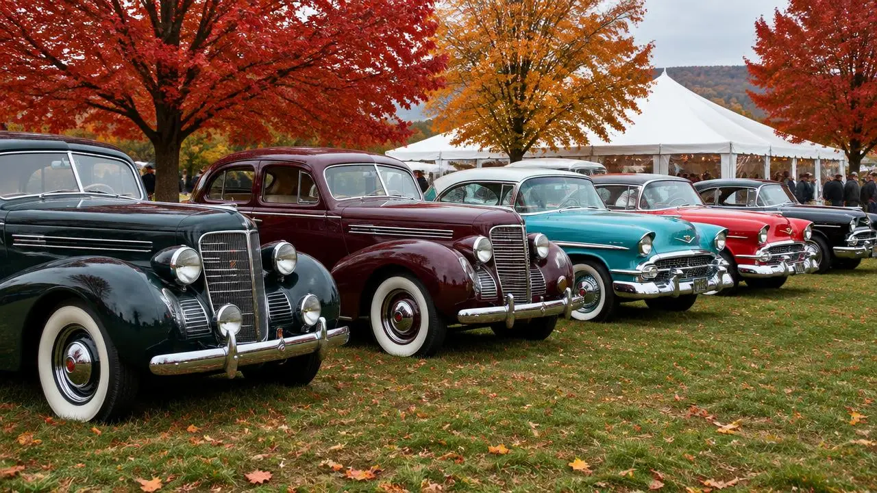 Voitures américaines classiques sur une pelouse d'automne à Hershey