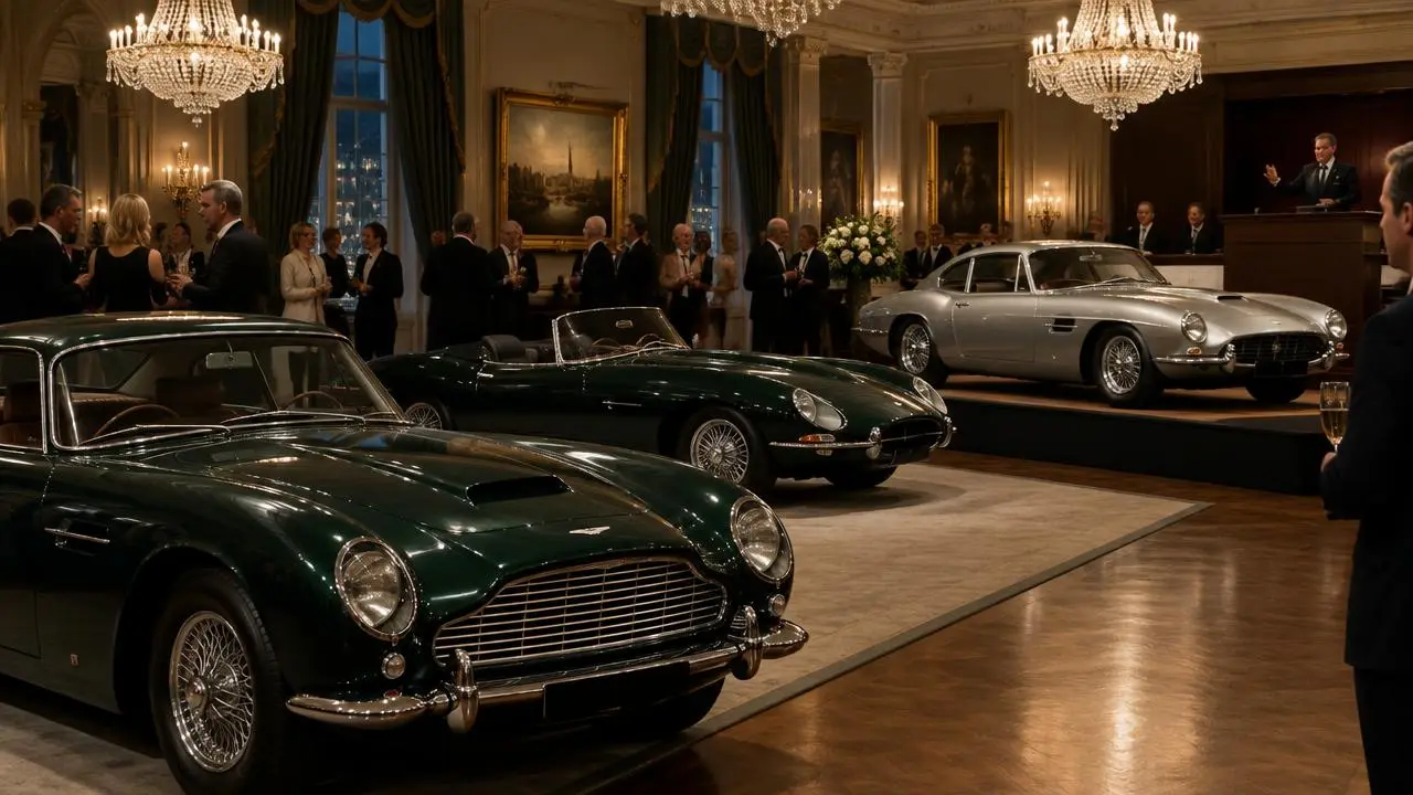 Salon londonien aux lustres, voitures de sport britanniques