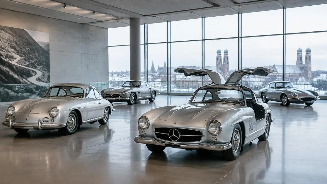 Coupés allemands classiques, portes papillon, vue sur Munich