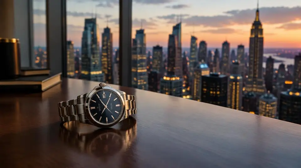 Montre posée sur un bureau face aux tours de Manhattan