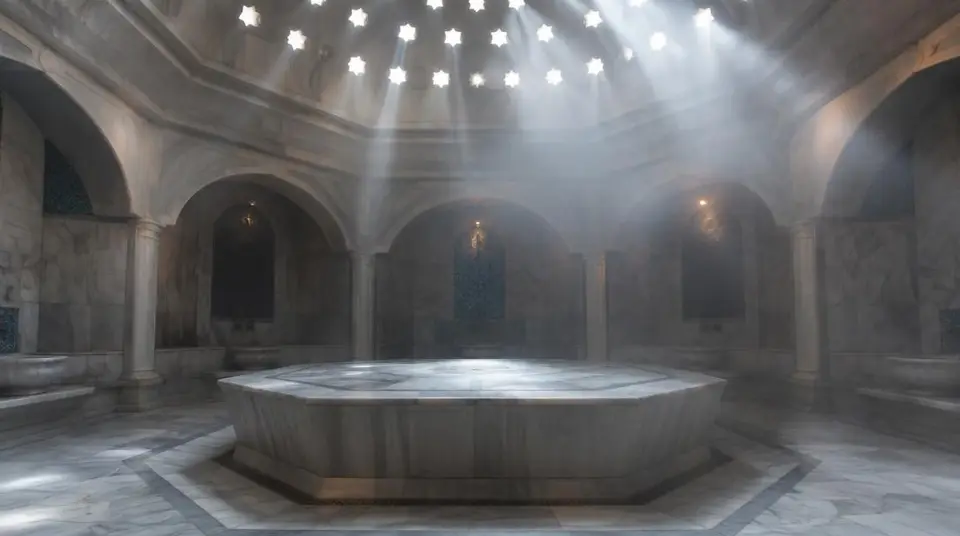 Hammam en marbre sous une coupole percée de lumière