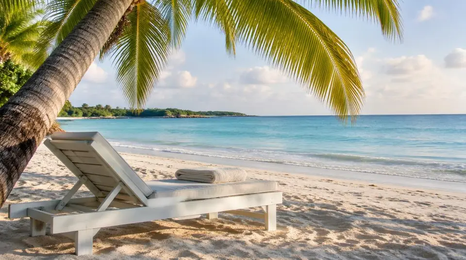 Transat et serviette sous un palmier, plage de Saint-Barth