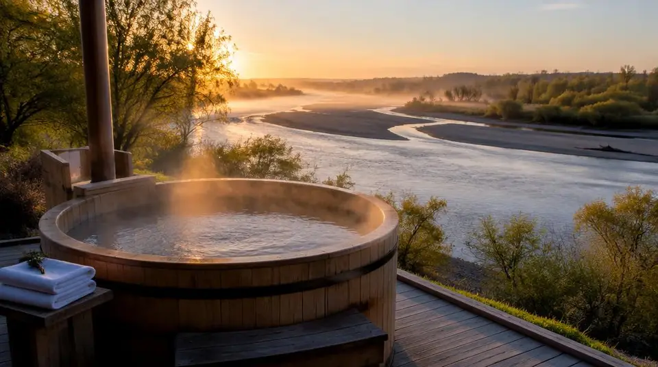 Bain nordique en bois face aux bords de Loire au matin