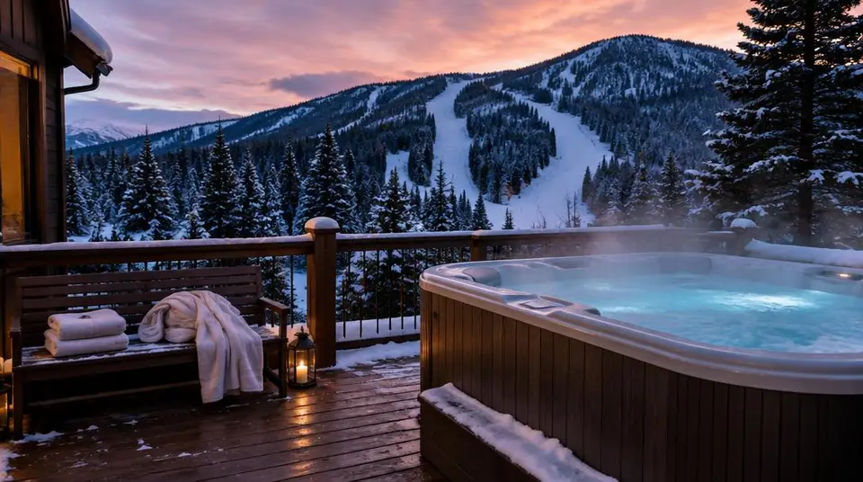 Bain chaud extérieur fumant face aux pistes