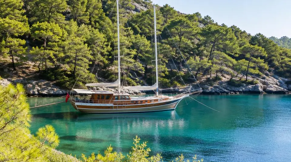 Goélette turque en bois au mouillage dans une crique de Bodrum